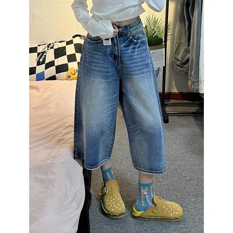 大码复古高腰阔腿七分牛仔裤女2025夏季新款垂感设计直筒百搭中裤