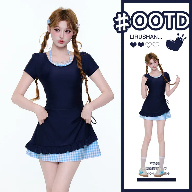 Lulu少女泳衣女保守短袖高级感2025新款学生可爱日系绝美女孩游泳