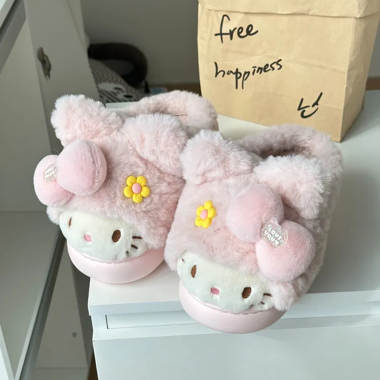 可爱猫咪棉拖鞋女款冬季家居室内加绒舒适甜美蝴蝶结保暖毛绒拖鞋