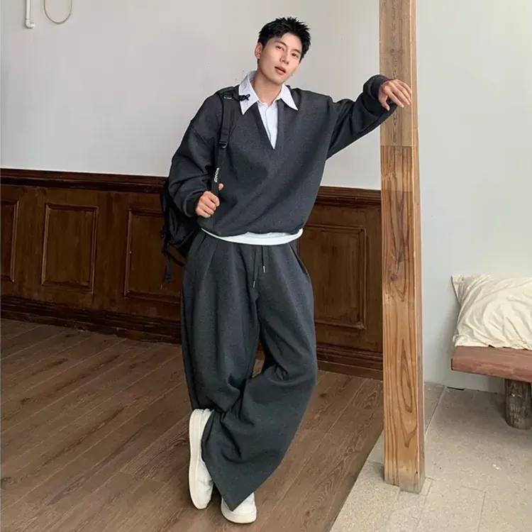 美式潮牌高级感拼接假两件卫衣套装男秋季时尚宽松休闲套装两件套