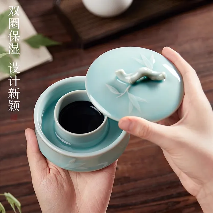 创意竹节火锅砚台书法专用陶瓷多功能带盖防蒸发不干墨砚台墨汁