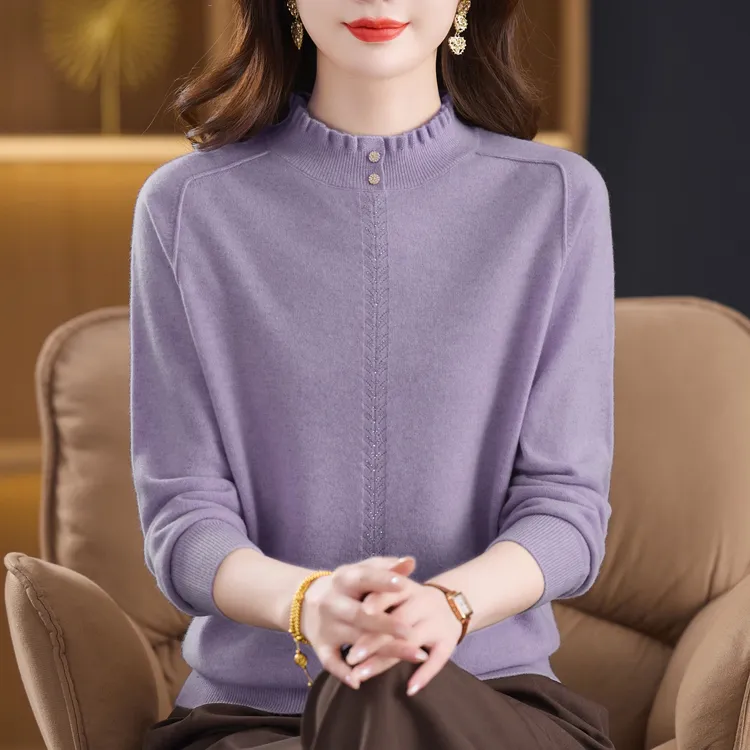 高端精纺【羊绒衫】女中年妈妈装秋冬保暖毛衣内搭时尚花边领打底衫