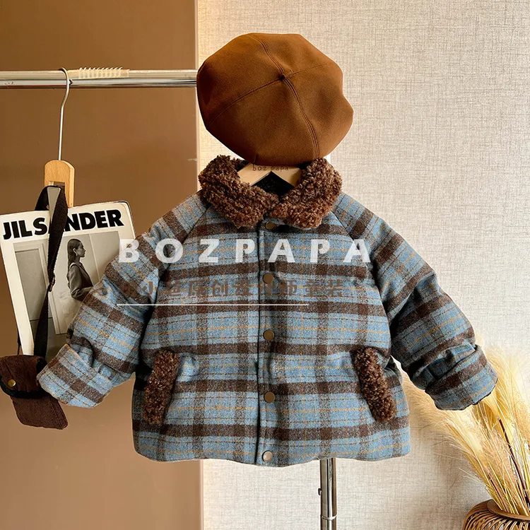 啵小爸【潇洒节拍】2025冬季新款男童休闲毛毛领厚实格纹棉服外套