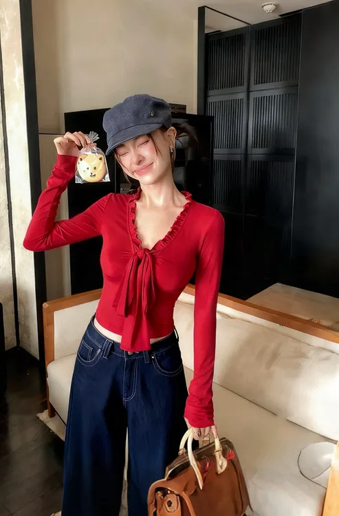 浪漫浆果系列美式高腰宽松蓝阔腿牛仔裤垂感拖地蝴蝶结上衣两件套