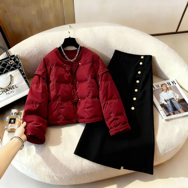 高端小资冬季新款爆款洋气独特保暖棉服漂亮显瘦半身裙一整套女装