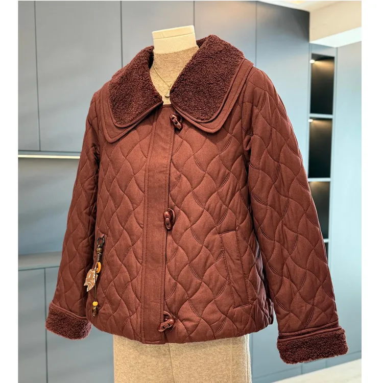 时尚休闲菱格棉服外套女妈妈装秋冬新款上衣中老年拼接棉衣夹克衫