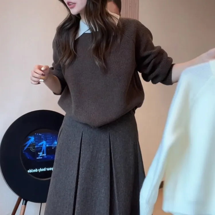 撞色翻领百搭网红水洗纯色针织衫女冬季新款气质设计师长袖毛衣