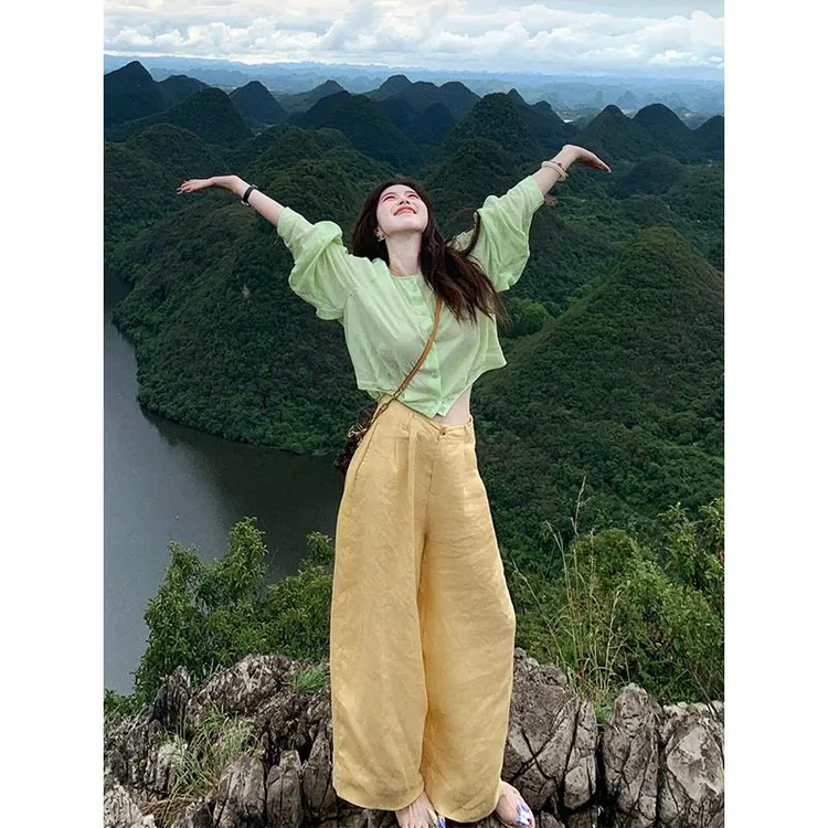 韩系休闲亚麻衬衫套装女早秋季松弛感慵懒风衬衣阔腿裤两件套洋气