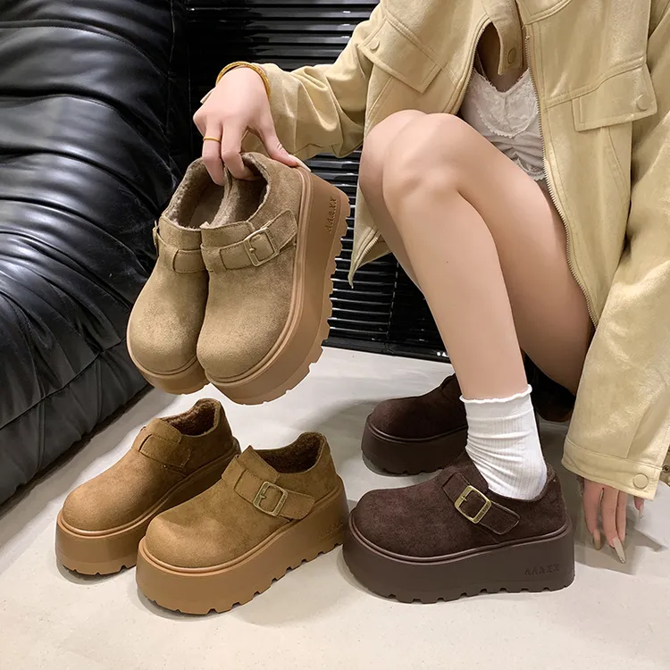 牛皮女鞋勃肯鞋女冬季加绒保暖厚底毛毛鞋加厚棉鞋A-8015-1