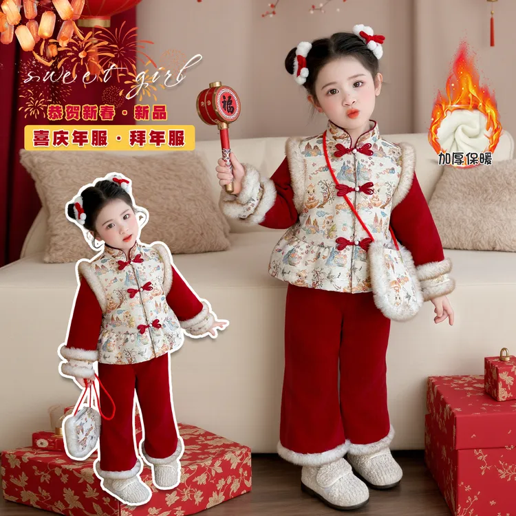 女童红色加绒加厚拜年套装洋气时髦宝宝新中式国风儿童唐装两件套