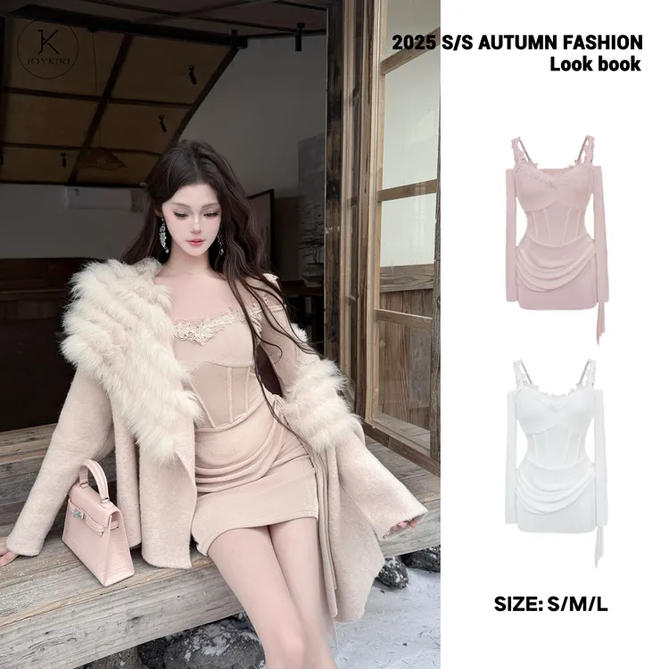 JOYKIKI金金【雾色撩人】秋季气质纯欲拼接花边设计连衣裙J25D026