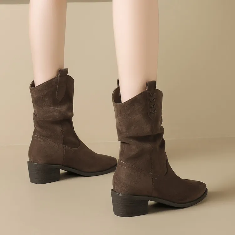 粗跟靴子短靴2025秋冬季新款女靴美拉德西部牛仔靴V口外穿堆堆靴