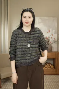 九月JIUYUE秋冬厚款拼色宽松条纹色织韩版针织开衫 2459