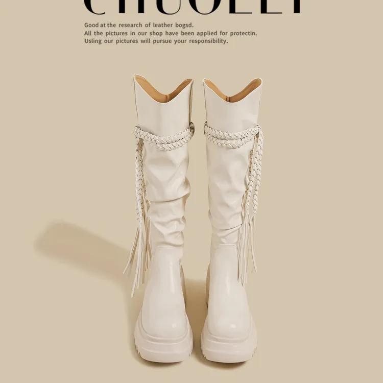 2025秋冬季新款厚底v口褶皱长筒靴女白色高跟流苏不过膝骑士长靴
