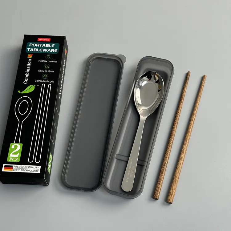 出口 勺筷子2件套 18-8不锈钢便携餐具套装学生吃饭餐勺鸡翅木筷