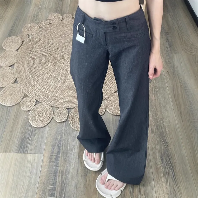 复古低腰灰色西装裤女装秋季新款宽松显瘦肌理感薄款微喇阔腿裤子