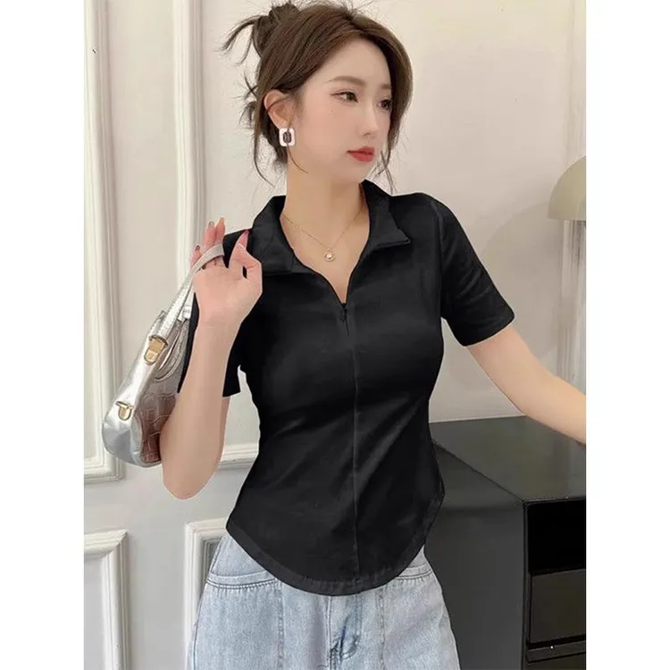 休闲百搭纯色polo领短袖t恤女2025夏季新款不规则短款打底衫上衣
