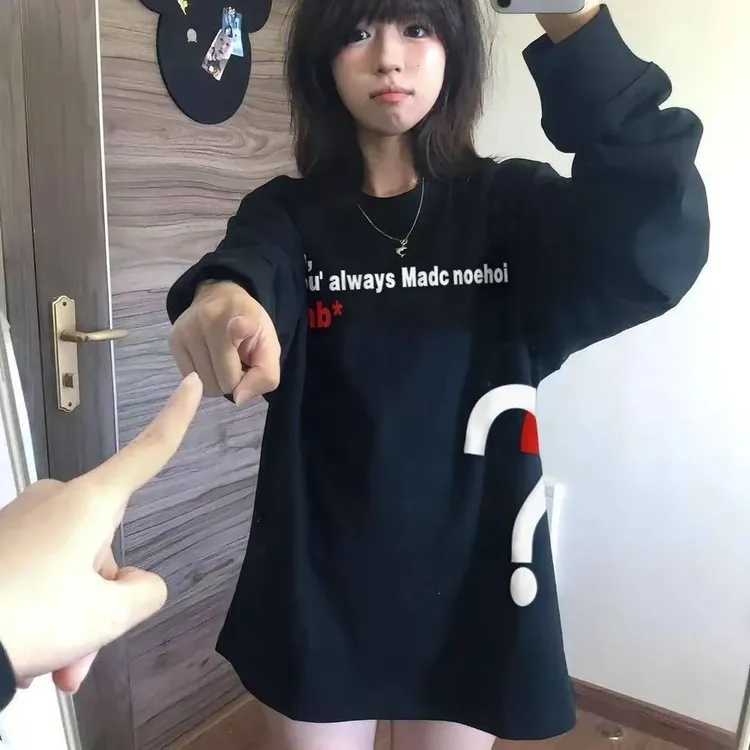 长袖纯棉字母印花T恤女秋冬季国潮设计感小众美式打底衫上衣