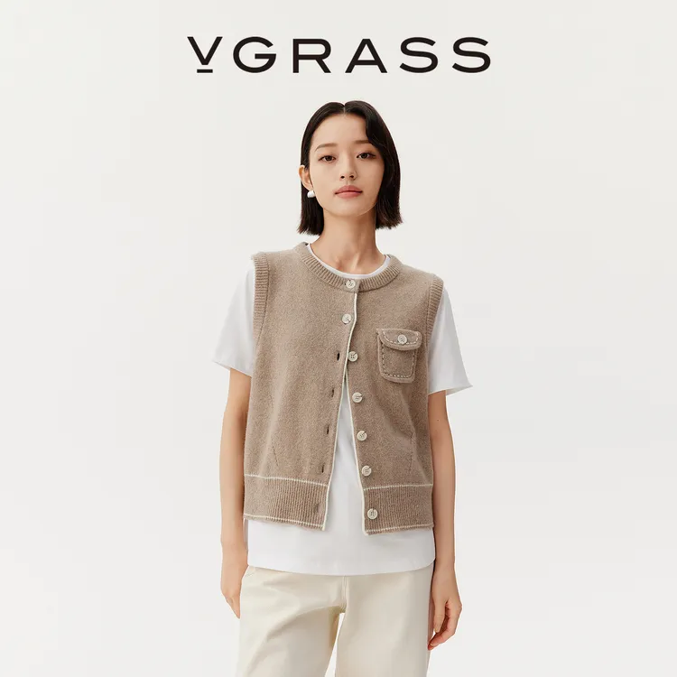 VGRASS撞色卷边设计无袖马甲背心25早秋新款针织开衫VZJ3Q3119E