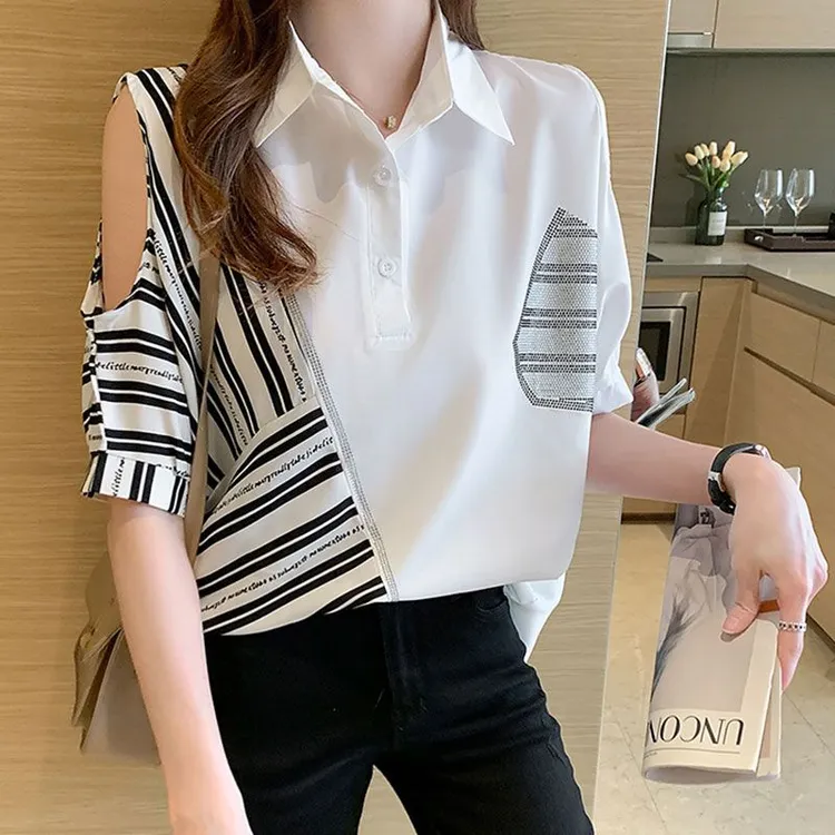 叁外贸2025夏季新款设计感条纹拼接时尚简约休闲轻薄短袖衬衫上衣