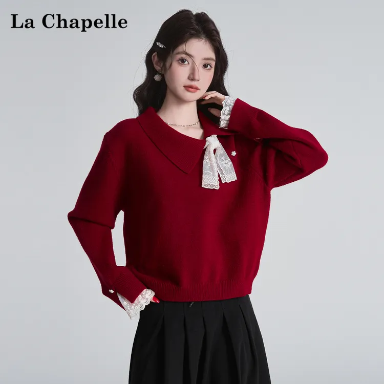 拉夏贝尔红色长袖加厚毛衣秋冬季新款时尚通勤设计感百搭上衣女士