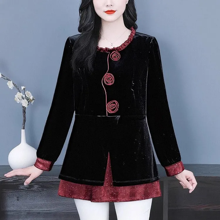 苏兰诺阔太太气质优雅T恤显瘦拼色盘花轻奢手工款上衣ZSX25A0116