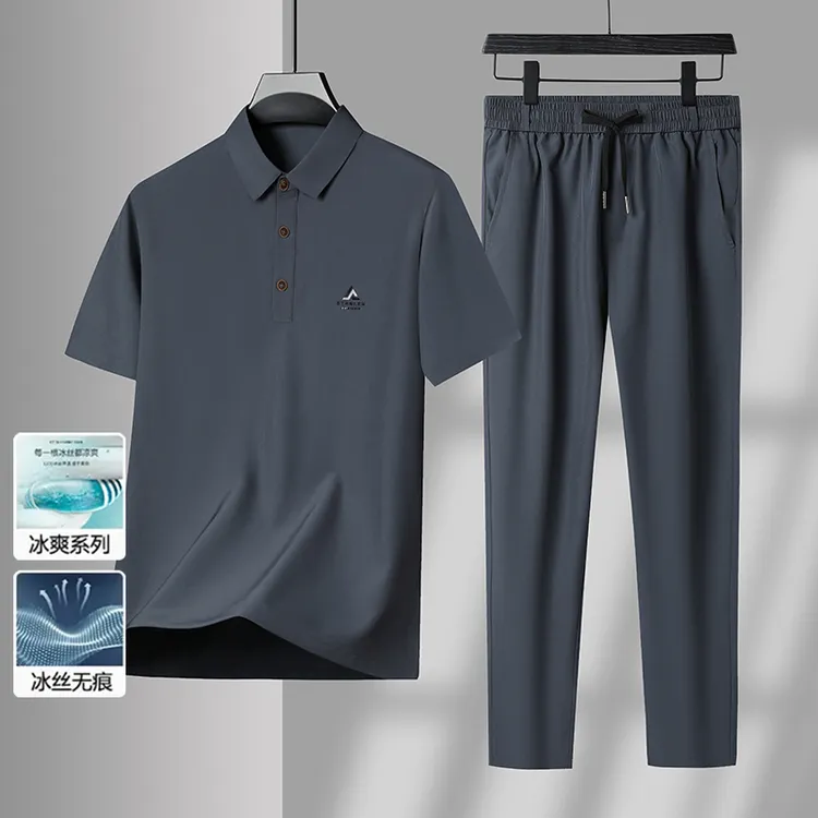 中老年爸爸套装男士夏季薄款短袖Polo衫冰丝休闲运动两件套