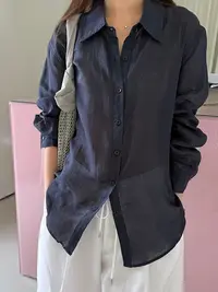 猫鼠熊精选水洗纯苎麻防晒衬衫韩系薄款宽松长袖上衣