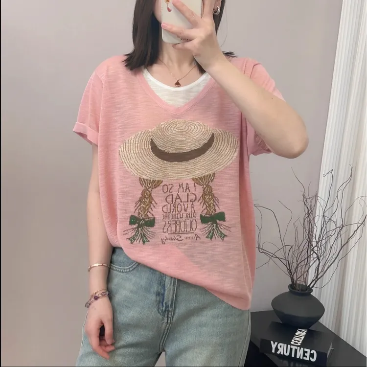 草帽麻花辫字母印花假两件短袖上衣夏季新款宽松韩版T恤女