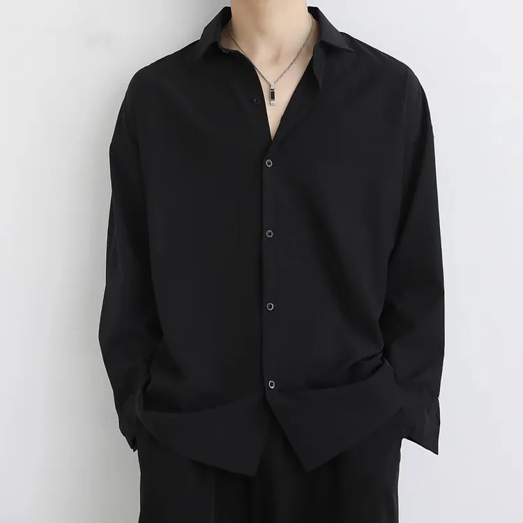 黑色衬衫男士长袖宽松大码春秋季潮流休闲薄款加肥加大冰丝衬衣男