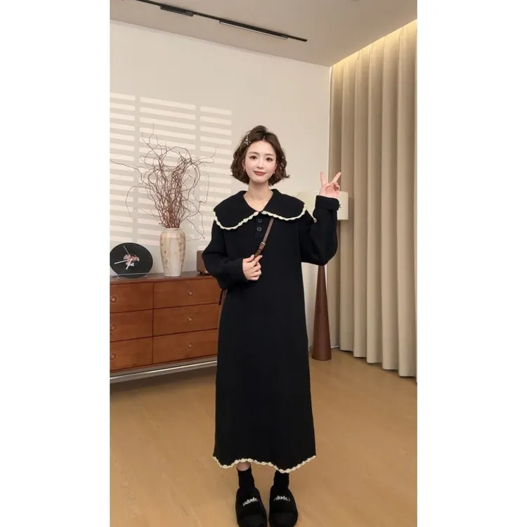 清清款 娃娃领拼接花边显瘦毛衣裙大码韩版宽松显瘦时尚毛衣裙子
