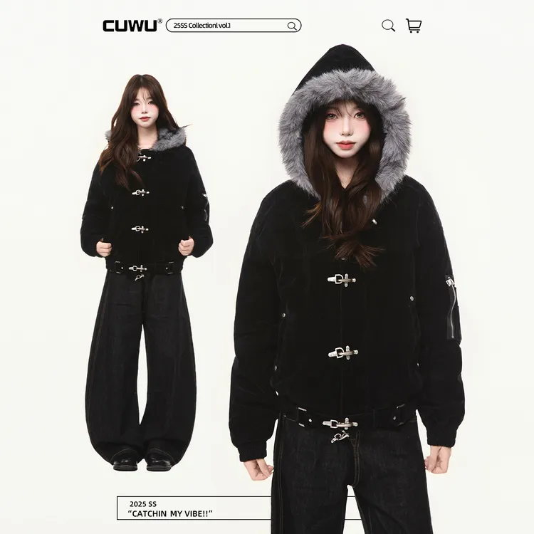 cuwu美式复古飞机扣连帽棉服外套女冬季解构短款保暖棉衣厚外套