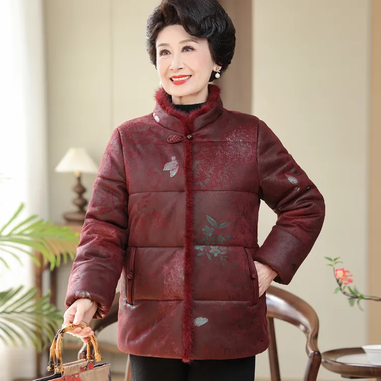 老年人冬装女真水貂毛领棉服奶奶冬季加厚唐装国风棉袄妈妈装外套