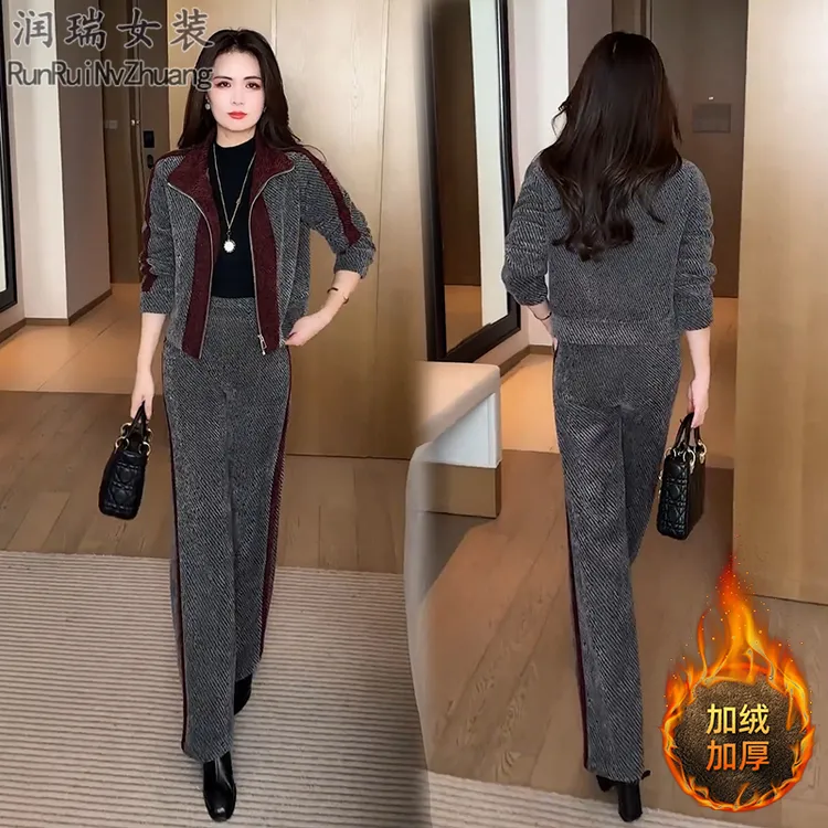 秋冬加绒加厚休闲套装女2025新款时尚妈妈装洋气女人味减龄两件套