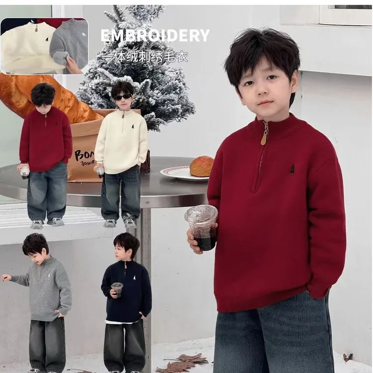 【韩货】一体绒儿童毛衣加厚冬季新款中大童半拉链加绒套头衫男女款