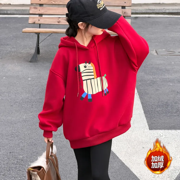 女童卫衣秋冬2025新款儿童加绒洋气时髦红色年服女大童连帽打底衫