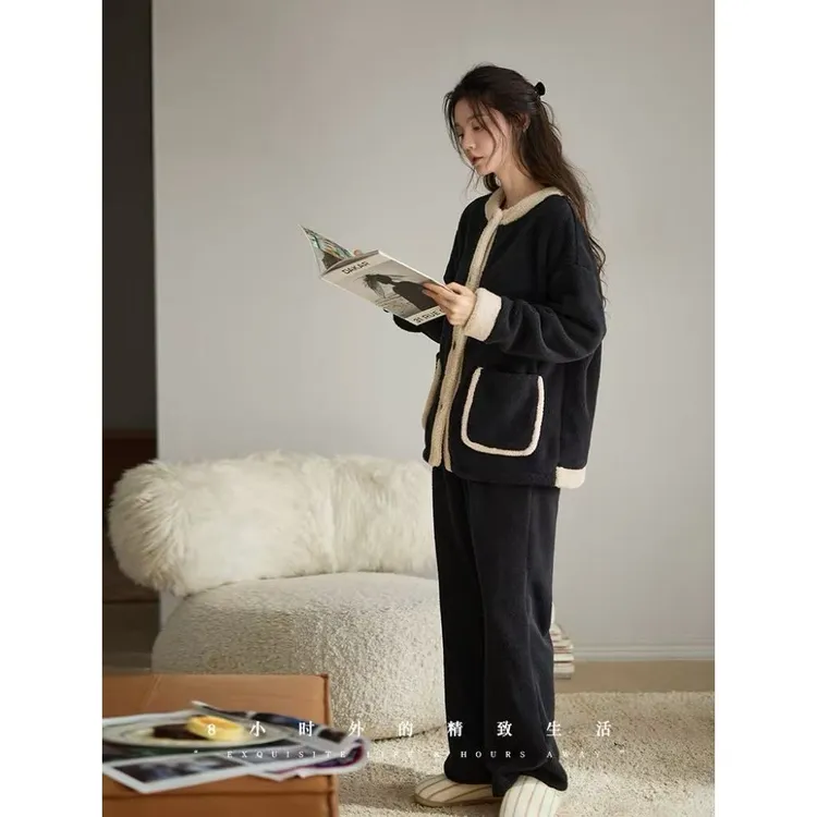 珊瑚绒睡衣女士冬季加绒加厚保暖复古小香风开衫可外穿家居服套装