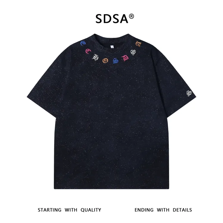 夏季高级感新款潮流彩色刺绣音符圆领短袖T恤满天星百搭潮流上衣