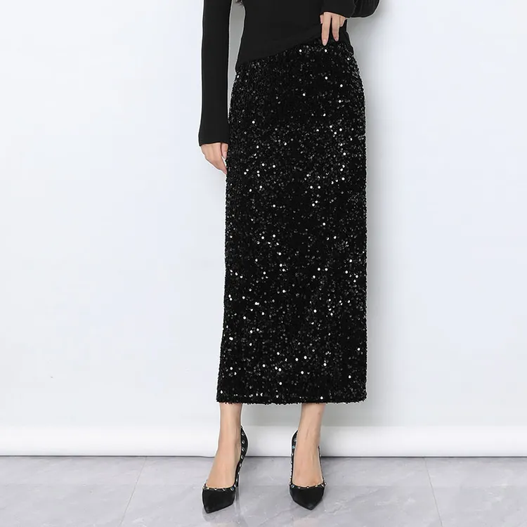 黑色亮片闪闪半身裙女秋冬新款高腰显瘦直筒中长款开叉包臀一步裙