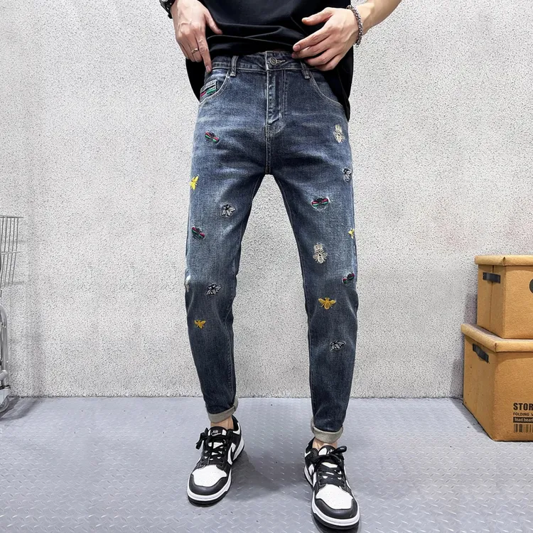 刺绣牛仔裤男款爆款2025春秋新款潮流时尚休闲长裤男士修身小脚裤