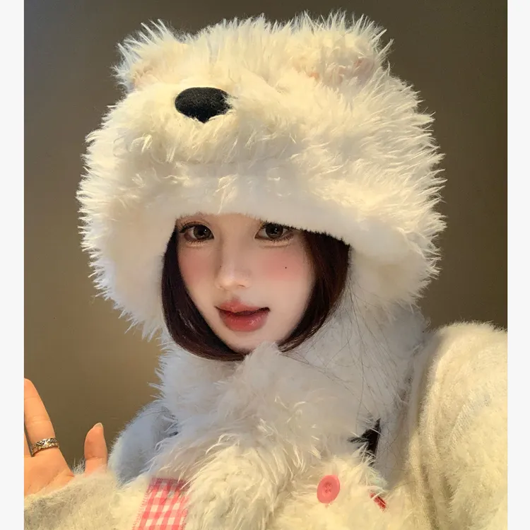可爱西高地小狗毛绒帽子围巾一体女冬加绒加厚保暖防寒护耳雷锋帽