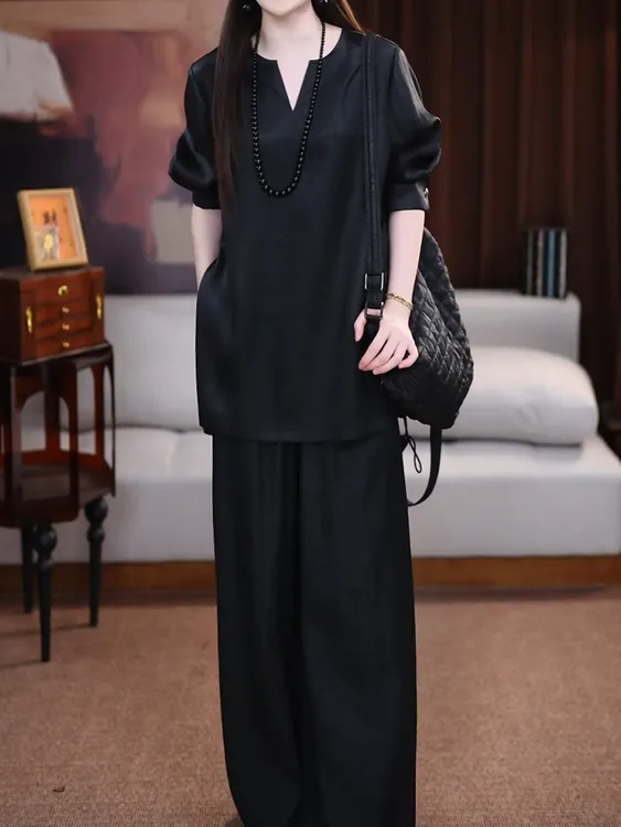 端庄典雅简约套装2025夏季新款休闲宽松遮肉上衣＋纯色百搭阔腿裤