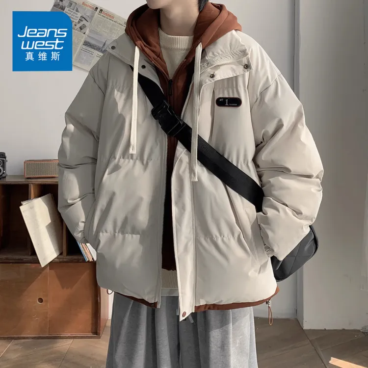 真维斯假两件棉服男款冬季宽松休闲加厚保暖棉衣外套连帽棉袄子潮