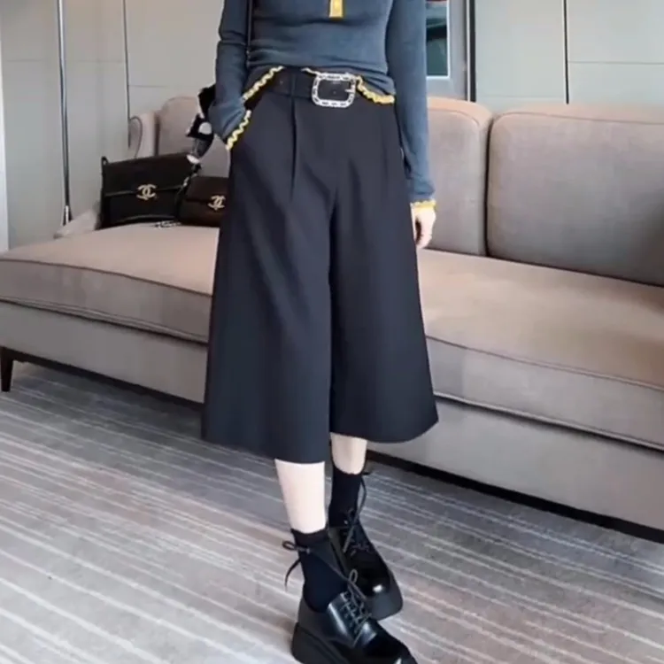 厚款西装七分裤女2025秋季流行新款压褶高腰显瘦简约宽松阔腿裤子