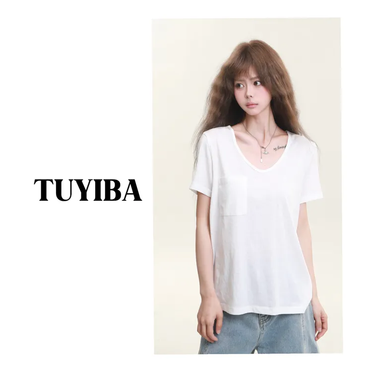 【兔兔】韩版时尚百搭休闲简约圆领短袖口袋T恤 2717