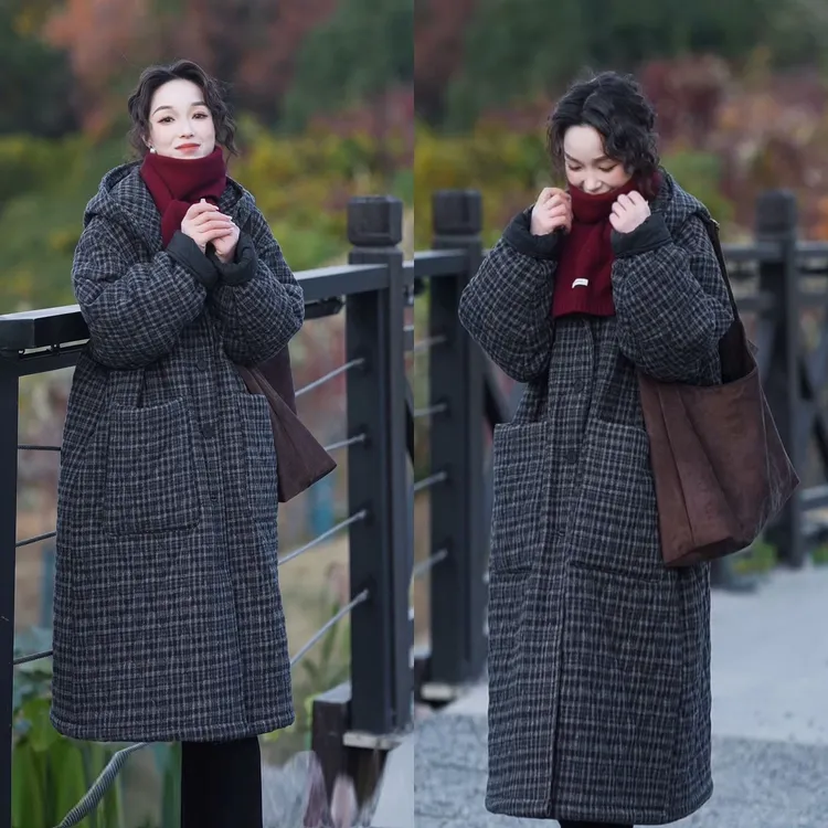 【漫漫家】冬季新款复古棉麻文艺格子连帽棉服大码宽松加厚保暖外套