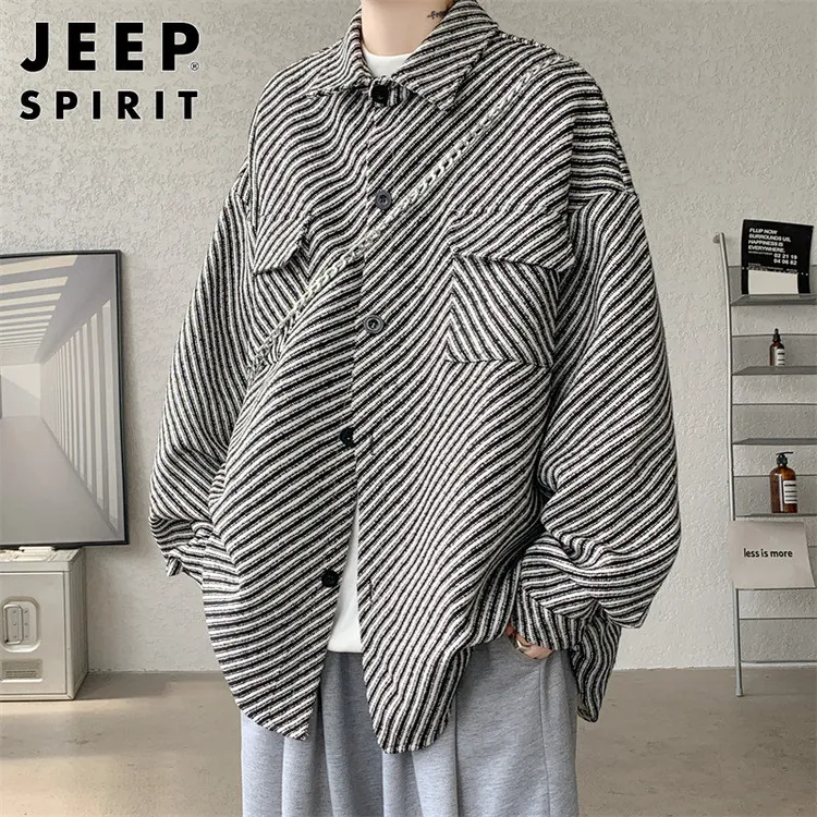JEEPSPIRIT男士夹克春秋季潮流休闲条纹上衣宽松翻领工装茄克外套