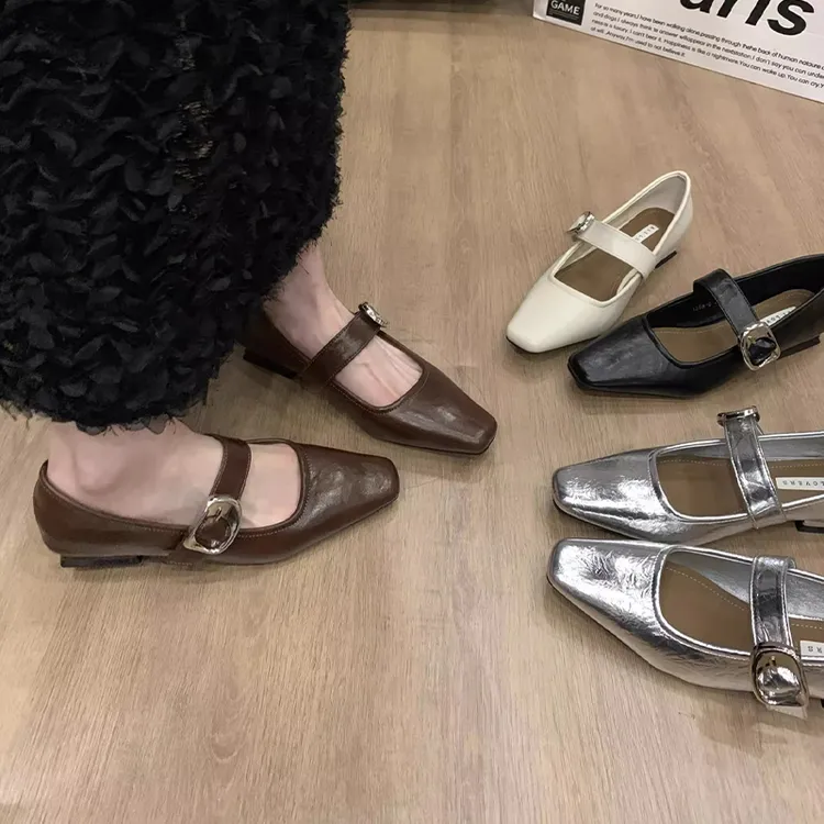 法式低跟方头银色玛丽珍鞋女鞋子2025新款春季单鞋复古时尚小皮鞋