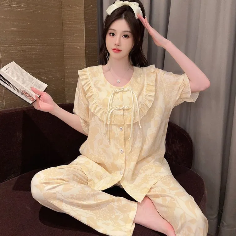 睡衣女款夏季爆款气质花边新中式宫廷风薄款纯棉短袖长裤甜美睡衣