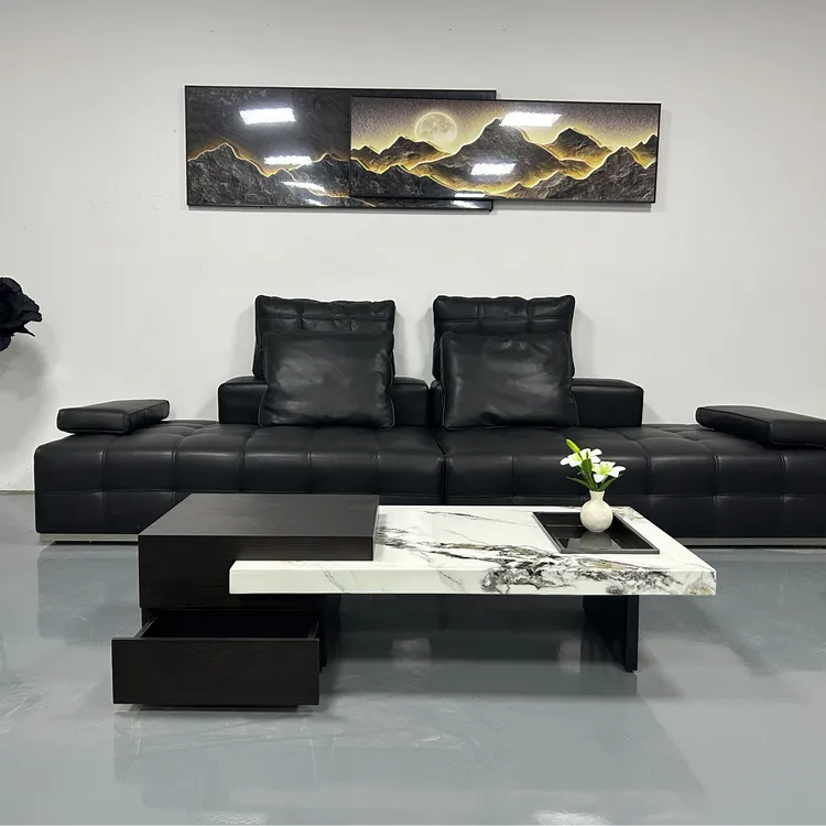 意式长方形岩板理石极简轻奢实木茶几设计师款悬浮岛台茶几